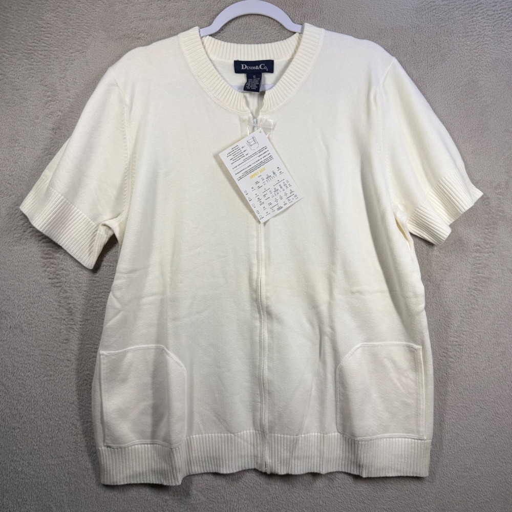 Denim & Co Zip Front Cardigan Womens 1X Cream Short Sleeve Sweater NWT Office